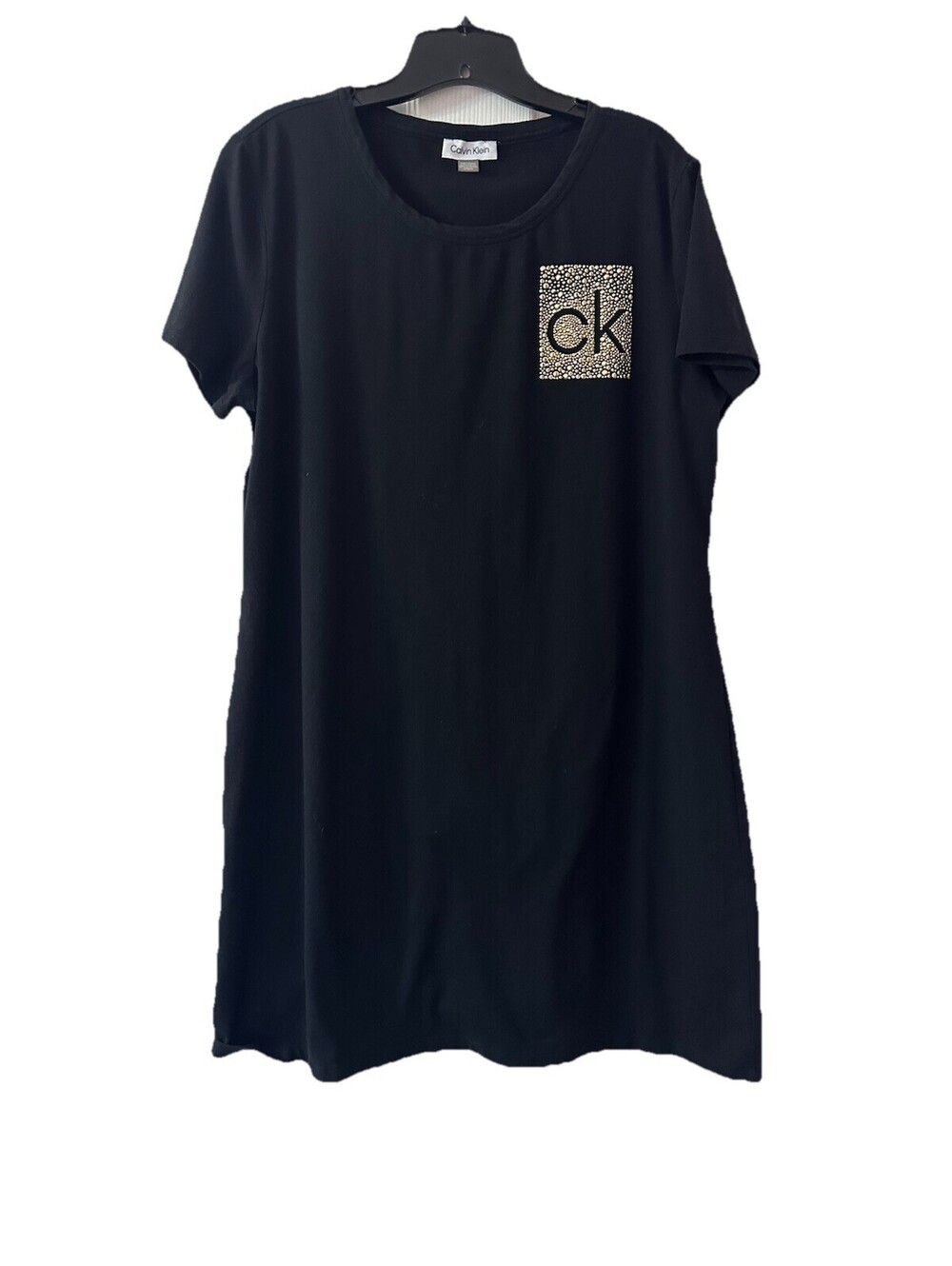 Calvin Klein Women’s T-Shirt Dress Large Black Rhinestone CK Logo Short Sleeve